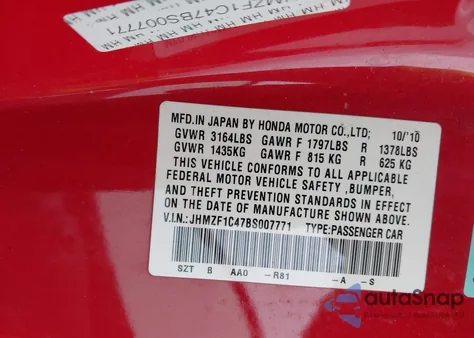 2011 Honda Cr-Z from USA, damaged, VIN JHMZF1C47BS007771